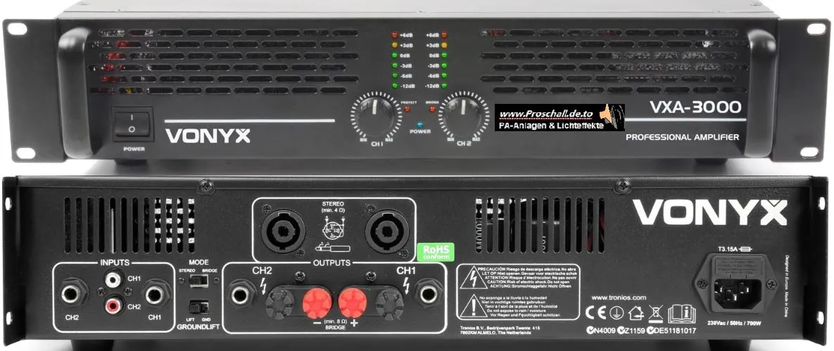 PA- DJ- Event- Endstufe, 2x1500WATT, Brücken- Schaltung 1x 3000WATT