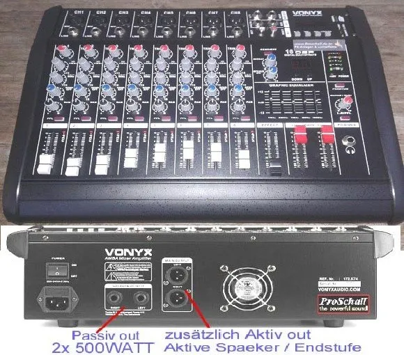 Powermixer 8Kanal, 1000 WATT, 16DSP Effekte, PA- Party- Bühne, Bluetooth- USB- S