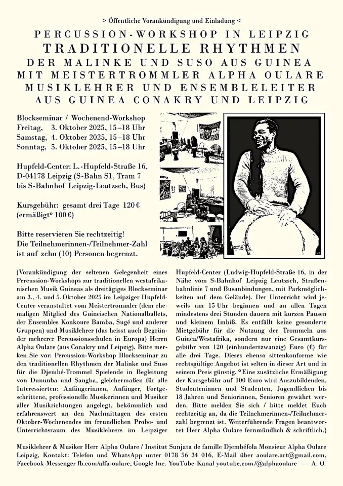 Percussion-Workshop in Leipzig am 3.4.5. Oktober 2025 zu Traditionellen Rhythmen